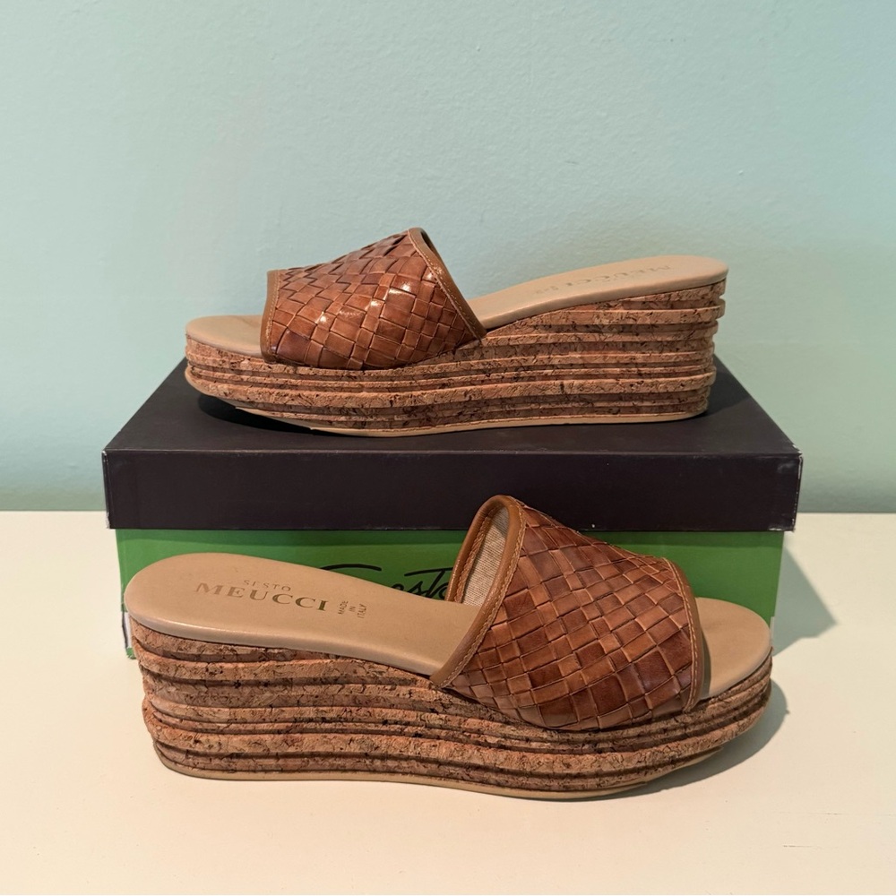 Sesto Meucci Cork Leather Platform Slides 8 Good Condition